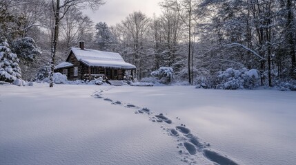 Poster - A Snow-Covered Cabin in a Winter Forest with Footprints Leading to the Entrance