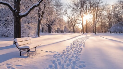 Sticker - Snowy Park Bench and Footprints Leading to a Sunset