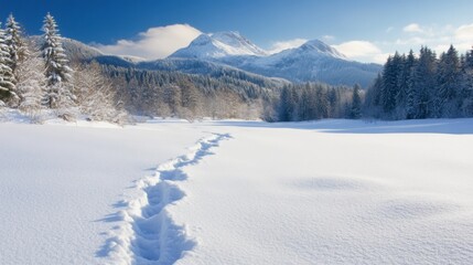 Sticker - Footprints leading towards snowy mountain peaks and a coniferous forest