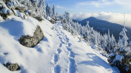 Sticker - Snow-Covered Mountain Path with Footprints and a View of a Snowy Forest