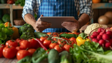 Professional dietitian typing on a digital tablet, with a desk full of fresh produce emphasizing healthy eating