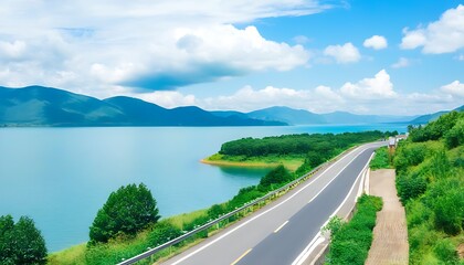 Lakeside summer scenery, travel memories on the colored highway