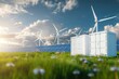© Maryam - Concept of energy storage batteries system, wind power, wind turbines and Li-ion battery container, and solar panels in the background. Panoramic view with copy space