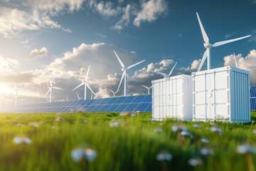 Concept of energy storage batteries system, wind power, wind turbines and Li-ion battery container, and solar panels in the background. Panoramic view with copy space