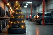 © Ksu - Christmas tree made of tires, decorated with a garland with lights on the background of a car repair shop or tire station, copy space, red, grey