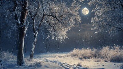 Poster - Snow-Covered Forest Under a Full Moon at Night