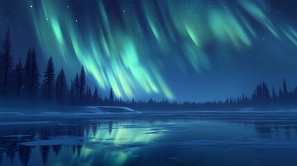 Wall Mural - Northern Lights Reflecting on a Frozen Lake Surrounded by Silhouetted Trees