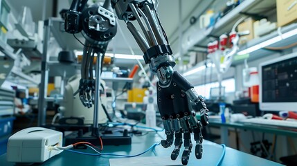 Poster - Robotic hand part of a larger robotic arm in a laboratory setting with highlighting intricate details for mechanical design advanced engineering innovation and automation technology concept.