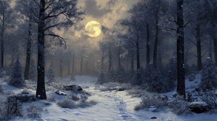 Wall Mural - Snow-Covered Forest Path with Full Moon and Fog