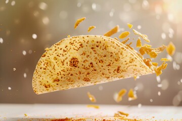 Wall Mural - Mexican taco or tacos flying and falling, a delicious Mexican ingredient, representing a tasty and spicy cuisine, as a traditional meal or snack, with a white taco background, made of corn. MZ