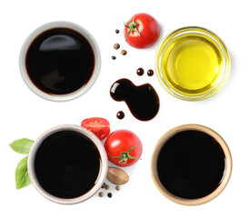 Poster - Balsamic vinegar and oil in bowls on white background, top view