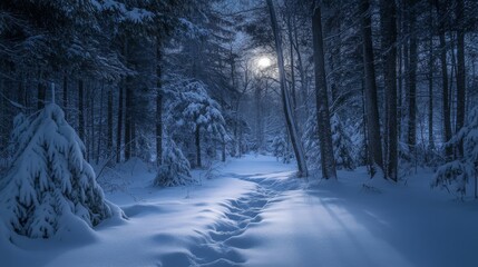  Snow-covered path winding through a moonlit forest