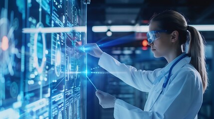 Poster - Female scientist in white lab coat with safety goggles interacts with digital interface for modern healthcare and scientific research innovation in advanced medical technology concept.
