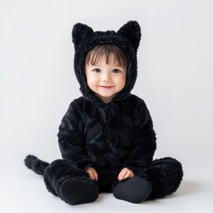 A child in a black cat costume, Halloween outfit, soft fur texture, ears and tail, playful pose, isolated on white background