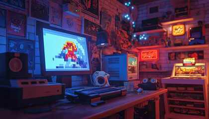 vintage retro bedroom of a gamer boy in the 80s