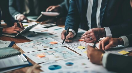 Poster - Group of business professionals gathered around a table, collaborating on a project. They are analyzing data, discussing strategies, and working together towards a common goal.