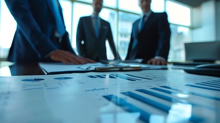 Poster - Close-up view of table with financial charts and blurred businessmen in background for representing focus dedication teamwork strategic planning and business analysis concept.