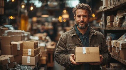 Man Holding Package in Rustic Warehouse Setting