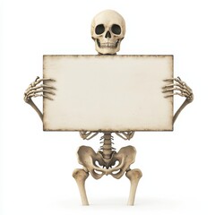 A skeleton holding a signboard, spooky graveyard scene, plenty of space on the sign for text, isolated on white background