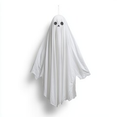 A hanging ghost figure, Halloween decor, white fabric flowing, creepy design, isolated on white background