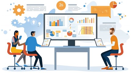 Poster - People working in a meeting room with an analysis on screen, analyzing data and statistics.
