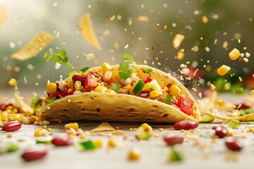 Wall Mural - Mexican taco or tacos flying and falling, a delicious Mexican ingredient, representing a tasty and spicy cuisine, as a traditional meal or snack, with a white taco background, made of corn. MZ