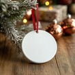 © Illusion Krafter - Blank White Ceramic Ornament with Red Ribbon on Christmas Tree