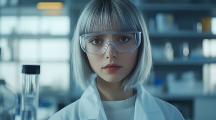 Poster - young female scientist wearing glasses in a laboratory setting focused on her research during daylig
