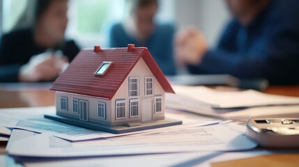 A small model house sits on paperwork, with a calculator in the foreground. Blurred figures are in the background, suggesting a couple signing paperwork to purchase a home.