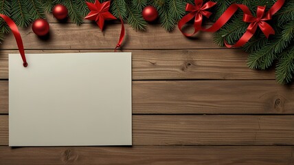 Greeting card christmas mockup with fir tree branches on dark wooden background