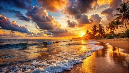 Wall Mural - Serene Tropical Beach Landscape at Sunset with Calm Waves and Glowing Orange and Golden Skies