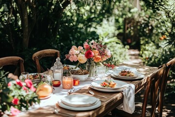 a table set for a summer dinner in a lush green garden, with flowers in the center.
