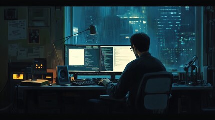 Poster - a programmer working late at night in a modern office overlooking a rainy cityscape with glowing com