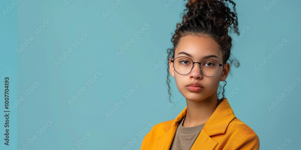 Portrait of a young girl with curly hair and glasses, wearing a yellow ...