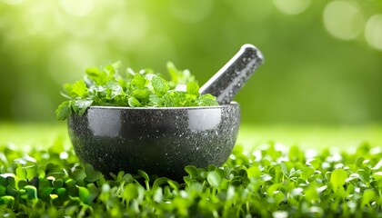 Wall Mural - Traditional herbal remedies in action with a mortar and pestle grinding fresh herbs close-up