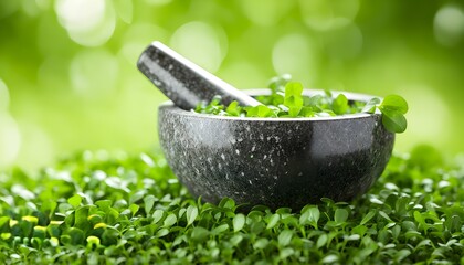 Wall Mural - Traditional herbal remedies in action with a mortar and pestle grinding fresh herbs close-up