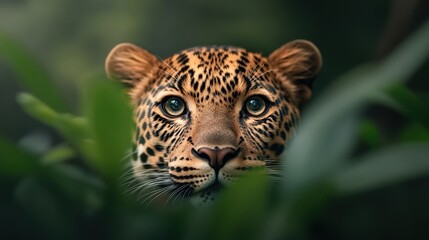 A close-up view of a leopard's face hidden among green foliage.