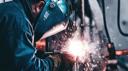 A welder in a blue jumpsuit and welding mask works on a project, sparks flying.