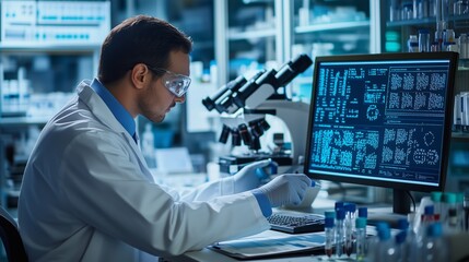 Aufkleber - scientist analyzing data in a high-tech laboratory during evening research sessions focused on molec