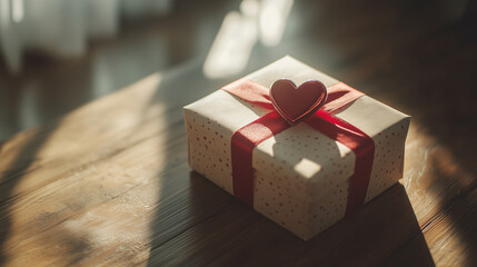 A beautifully wrapped Valentine gift box with a red ribbon and heart-shaped tag, placed on a wooden table, soft natural lighting, romantic and elegant mood