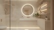 © Ubix - Modern bathroom featuring a luxurious design, circular mirror, ambient lighting, and sleek fixtures, creating a serene and stylish atmosphere.