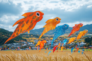 Wall Mural - A group of kites flying in the sky, with some of them shaped like fish