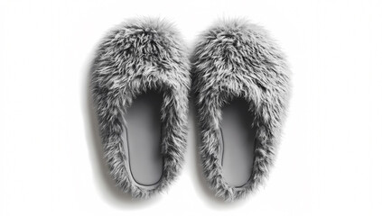 elegant gray fluffy slippers resting on a white background
