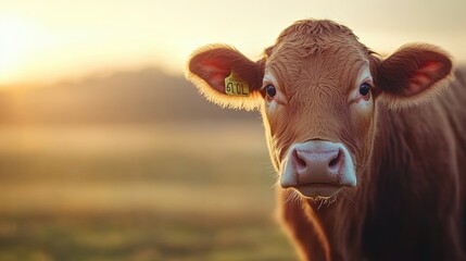 Calf on a pasture at sunset, warm sunlight illuminating its curious face.