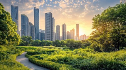 A winding path through a park, with tall buildings in the background, and a bright sunset in the sky.