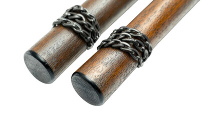 view of a pair of nunchucks with a wooden finish and chain link transparant background