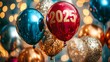 © F - Festive '2025' New Year’s balloons with sparkling decorations and bright lights, creating a vibrant and celebratory atmosphere. This eye-catching scene captures the excitement and joy of welcoming