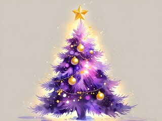 abstract Purple Christmas tree decorated with purple and gold balls watercolor impressionist painting illustration