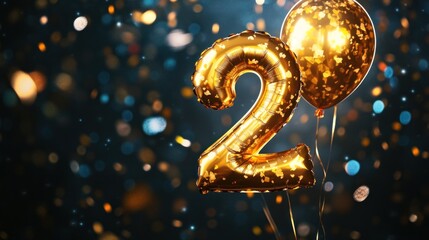 A number 2 shaped golden balloon with a glittery balloon against a bokeh light background, suggesting a celebration or anniversary.