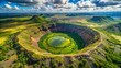 © Danicha - Aerial view of a massive, ancient crater with rugged, rocky terrain and lush green vegetation growing within its